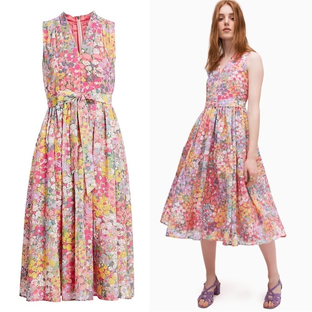 Kate Spade • Floral Dots Burnout Dress sleeveless fit & flare pink yellow blue